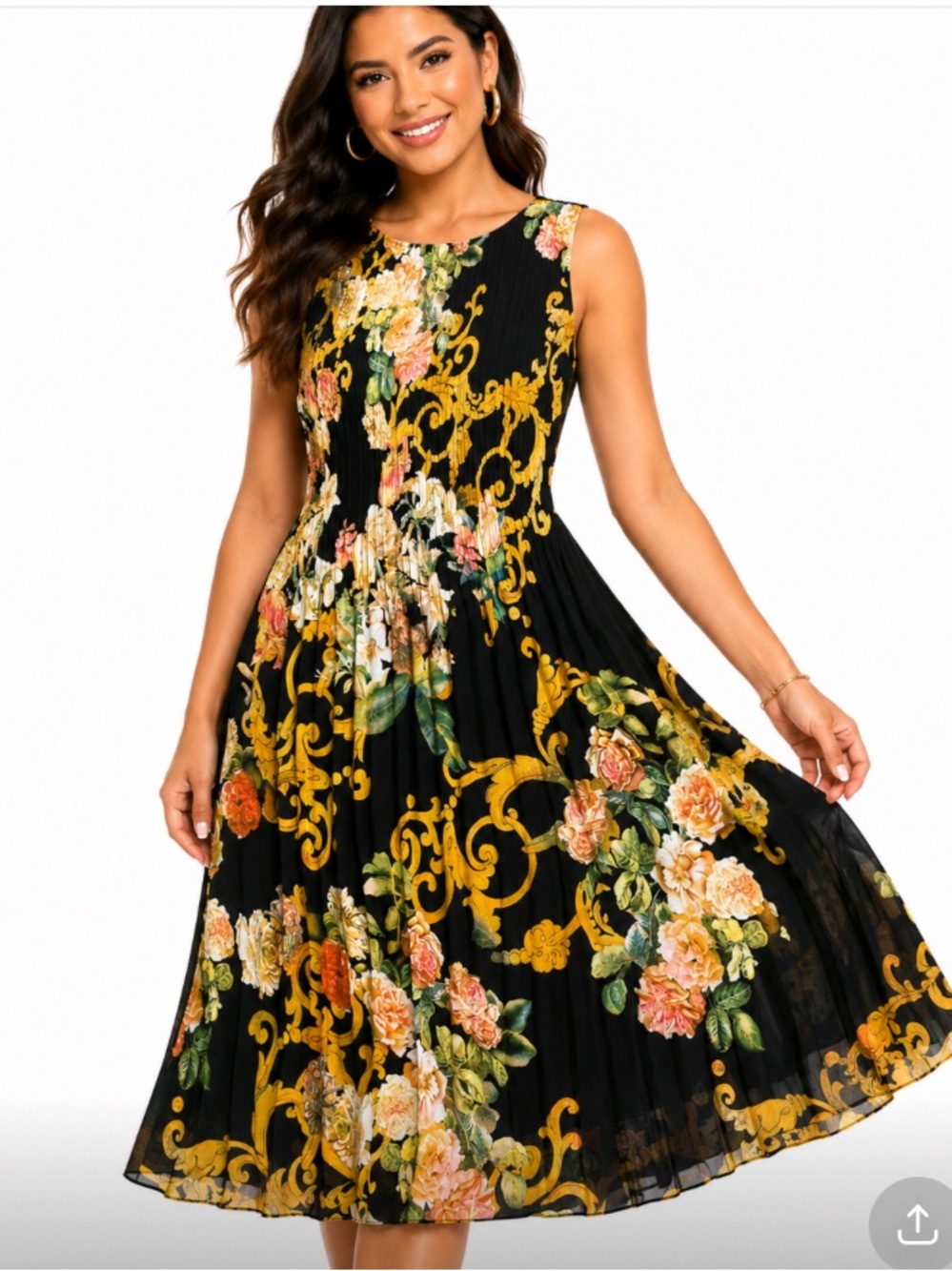 Sleeveless Black Midi Dress with Gold Scroll & Floral Print - Picture 1 of 5
